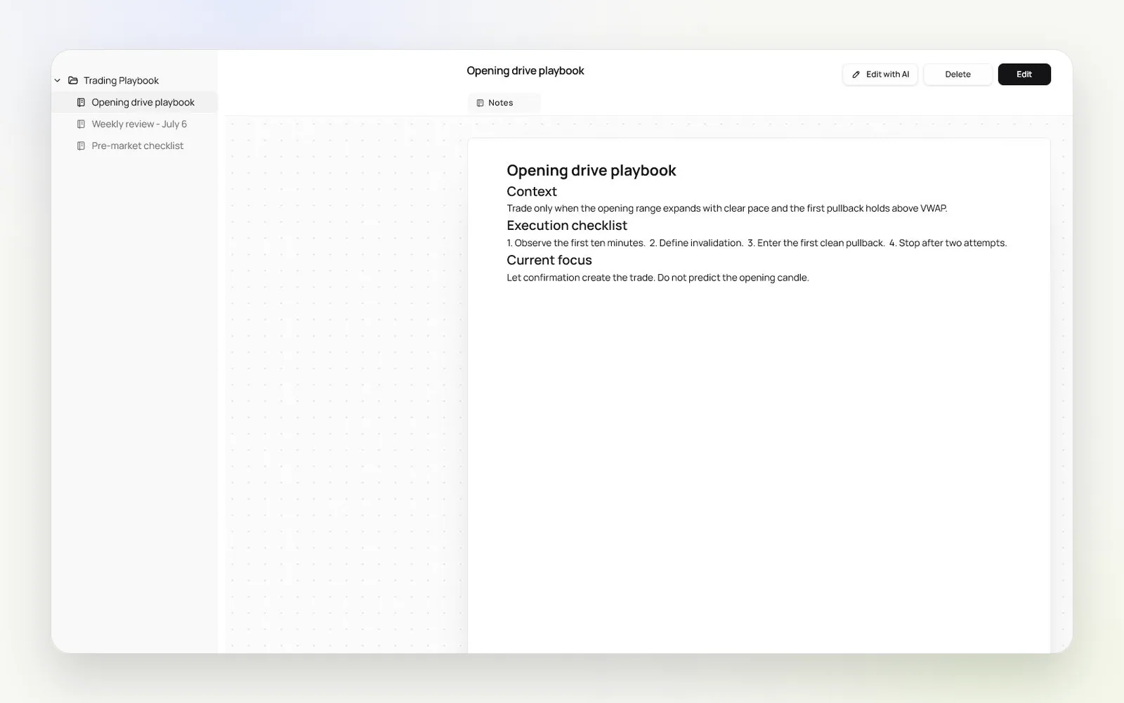 Measure Notes workspace for trading plans and lessons