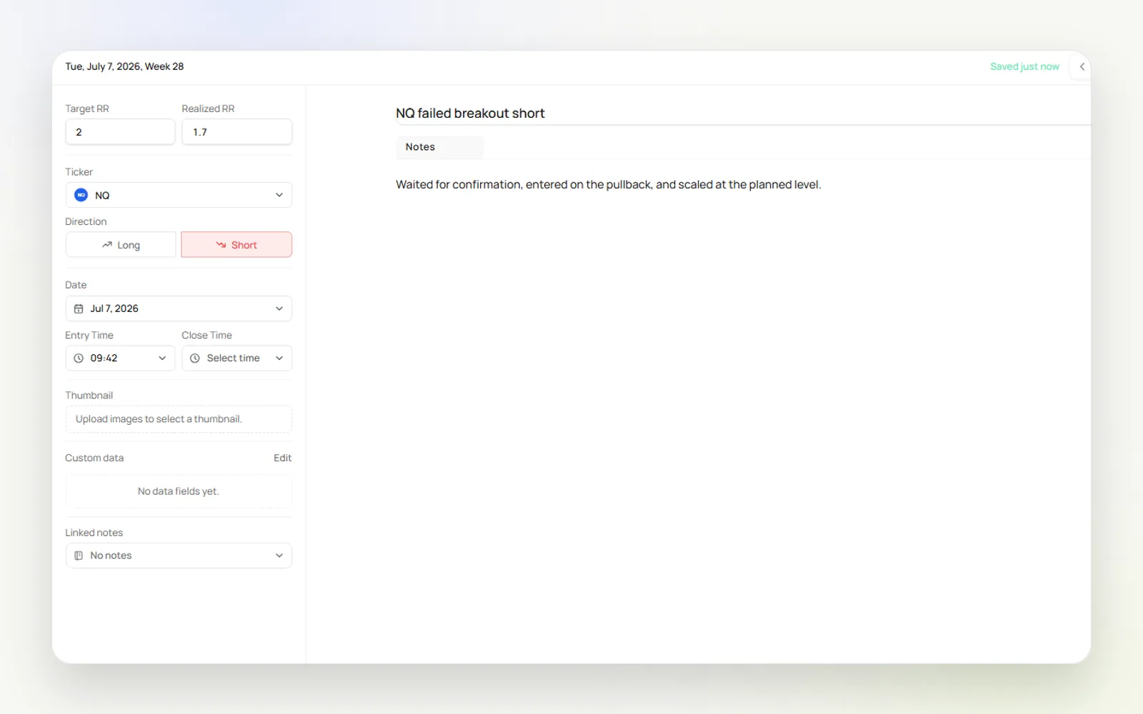Measure trade entry with structured context and journal notes